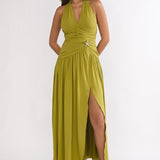 Nightbloom Ruched Waist Halter Maxi Dress Olive