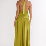 Nightbloom Ruched Waist Halter Maxi Dress Olive