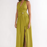 Nightbloom Ruched Waist Halter Maxi Dress Olive