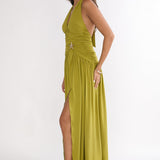 Nightbloom Ruched Waist Halter Maxi Dress Olive