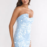 Kalaya Asymmetric Strapless Mini Dress Sequin Blue