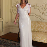 Bellamira Bow Shoulder Maxi Dress Sequin Champagne