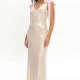 Bellamira Bow Shoulder Maxi Dress Sequin Champagne