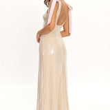 Bellamira Bow Shoulder Maxi Dress Sequin Champagne