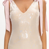 Bellamira Bow Shoulder Maxi Dress Sequin Champagne