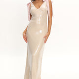 Bellamira Bow Shoulder Maxi Dress Sequin Champagne