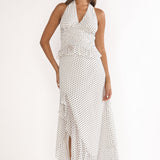 Caliah Ruffle Split Maxi Skirt Polka Dot Ivory