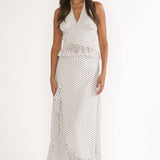 Caliah Ruffle Split Maxi Skirt Polka Dot Ivory