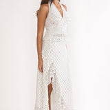 Caliah Ruffle Split Maxi Skirt Polka Dot Ivory