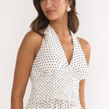 Caliah Ruffle Halter Top Polka Dot Ivory