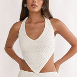 Palaya Crochet Knit Halter Top Sequin Cream