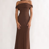 Alissa Off-Shoulder Maxi Dress Polka Dot Chocolate