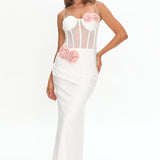 Ismera Sheer Bodice Rosette Maxi Dress White