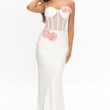 Ismera Sheer Bodice Rosette Maxi Dress White