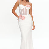 Ismera Sheer Bodice Rosette Maxi Dress White
