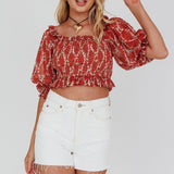 Meet Cute Shirred Bust Off-Shoulder Crop Top Floral Beige