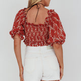 Meet Cute Shirred Bust Off-Shoulder Crop Top Floral Beige