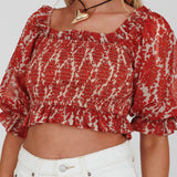 Meet Cute Shirred Bust Off-Shoulder Crop Top Floral Beige