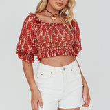 Meet Cute Shirred Bust Off-Shoulder Crop Top Floral Beige