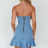 Cathlin Strapless Ruffle Hem Dress Blue