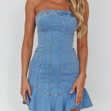Cathlin Strapless Ruffle Hem Dress Blue