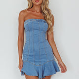 Cathlin Strapless Ruffle Hem Dress Blue