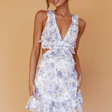 My Belle V-Neckline Lace-Up Back Frill Dress Floral Blue