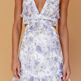 My Belle V-Neckline Lace-Up Back Frill Dress Floral Blue