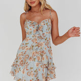 Flower Child Bust Tie Ruffle Trim Dress Roses Blue