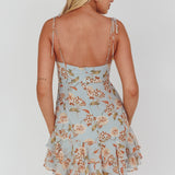 Flower Child Bust Tie Ruffle Trim Dress Roses Blue