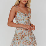 Flower Child Bust Tie Ruffle Trim Dress Roses Blue