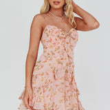Flower Child Bust Tie Ruffle Trim Dress Roses Blush