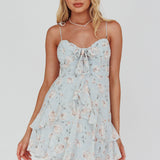 Flower Child Bust Tie Ruffle Trim Dress Rose Print Blue