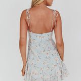 Flower Child Bust Tie Ruffle Trim Dress Rose Print Blue