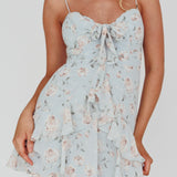 Flower Child Bust Tie Ruffle Trim Dress Rose Print Blue