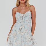 Flower Child Bust Tie Ruffle Trim Dress Rose Print Blue