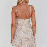 Flower Child Bust Tie Ruffle Trim Dress Rose Floral Print Beige