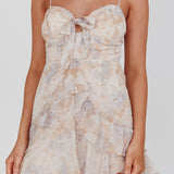 Flower Child Bust Tie Ruffle Trim Dress Rose Floral Print Beige