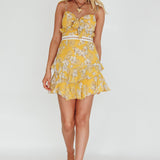 Flower Child Bust Tie Crochet Trim Dress Orchid Print Yellow