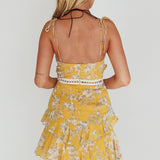 Flower Child Bust Tie Crochet Trim Dress Orchid Print Yellow