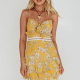 Flower Child Bust Tie Crochet Trim Dress Orchid Print Yellow