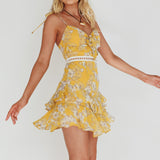 Flower Child Bust Tie Crochet Trim Dress Orchid Print Yellow