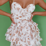 Flower Child Bust Tie Ruffle Trim Dress Floral White