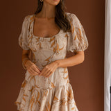 Petite Cherie Puff Sleeve Lace-Up Back Dress Leaf Print Beige