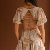 Petite Cherie Puff Sleeve Lace-Up Back Dress Leaf Print Beige