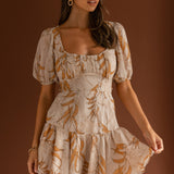 Petite Cherie Puff Sleeve Lace-Up Back Dress Leaf Print Beige