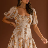Petite Cherie Puff Sleeve Lace-Up Back Dress Leaf Print Beige