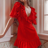 Shay Ruffle Lace Trim Mini Dress Red