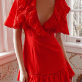 Shay Ruffle Lace Trim Mini Dress Red