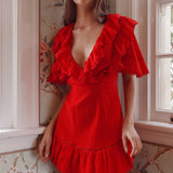 Shay Ruffle Lace Trim Mini Dress Red
